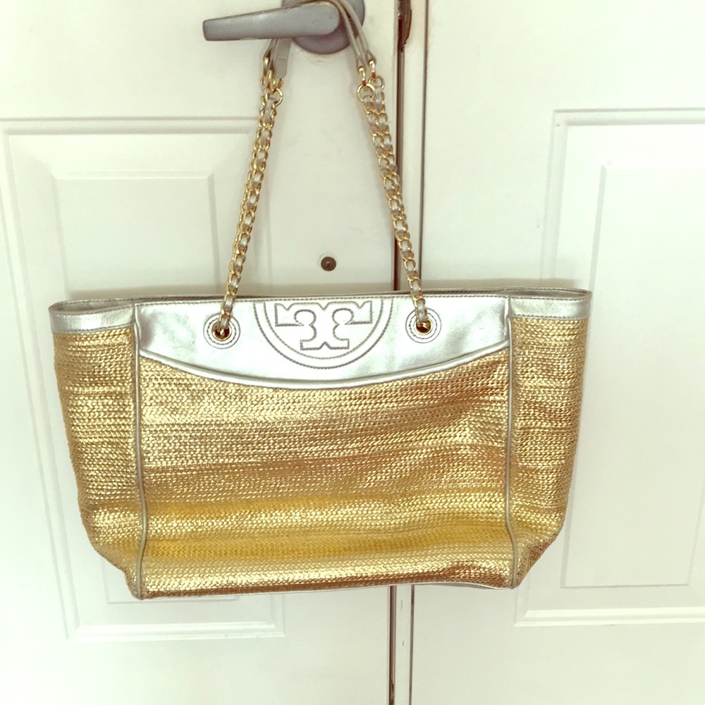 Tory Burch Fleming Rafia Metallic Tote